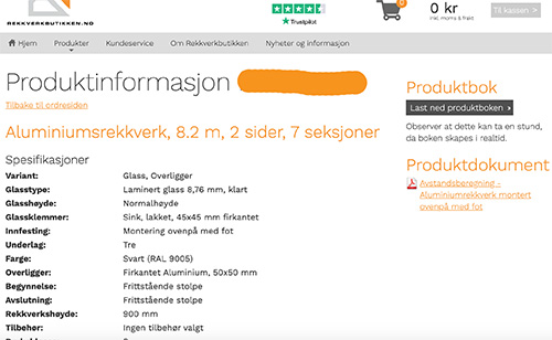 produktspesifikasjon rekkverkbutikken